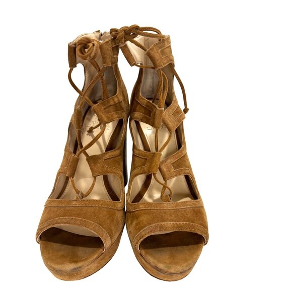 Vince Camuto Kamaye Ghillie Platform Sandal Tan Suede Lace-UP Chunky Heels 9 - Picture 4 of 12